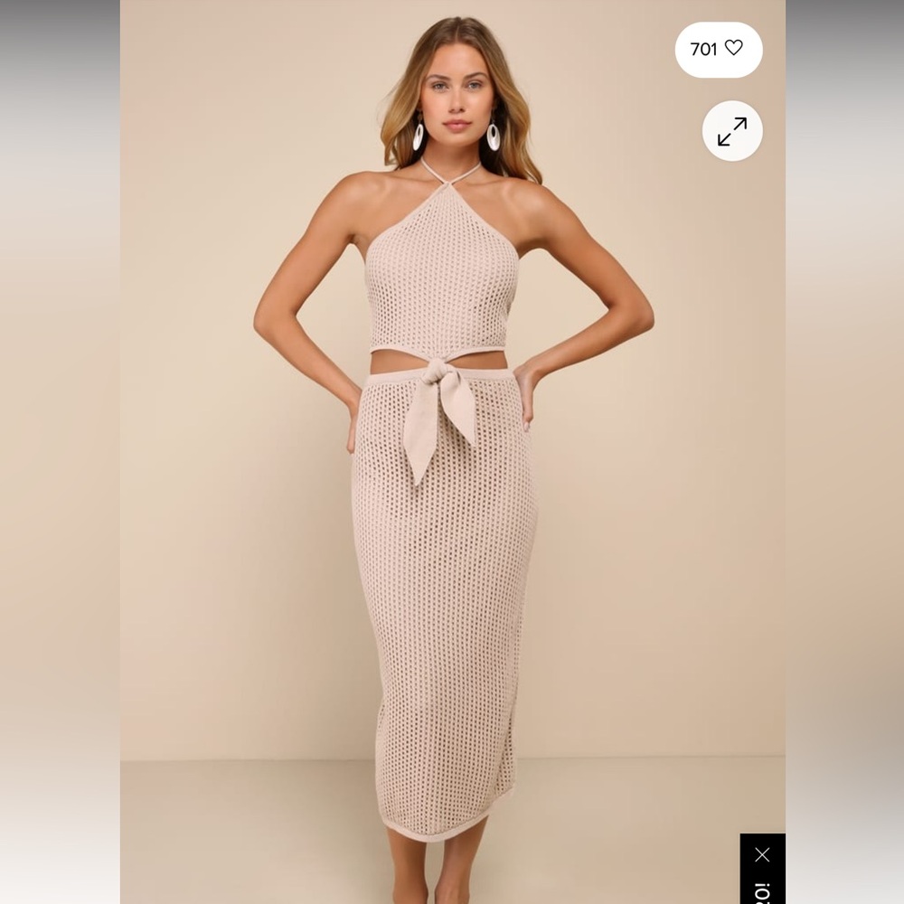 Lulus Beige Crochet Halter Dress